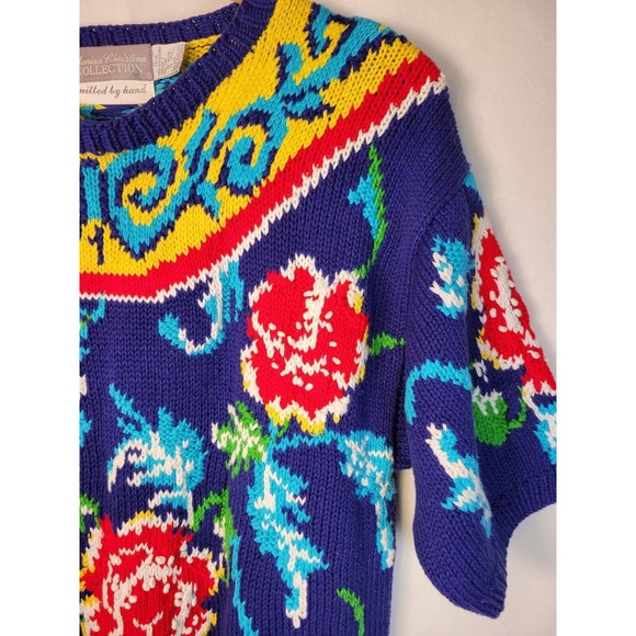 Bright Floral Chunky Sweater Boho Artsy Bold Colorful 90's VTG - Picture 5 of 8